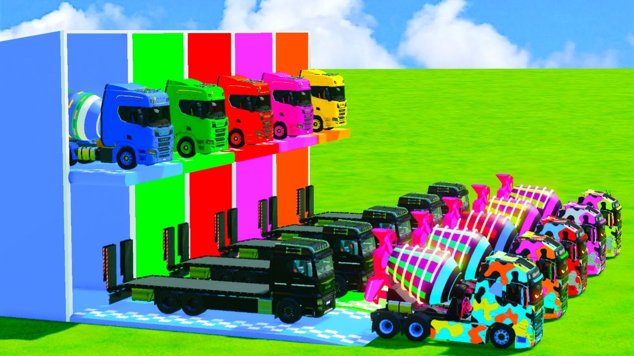 Garage with Colors - ALL MIXER TRUCK WITH DOUBLE FLATBED TRAILER TRUCK, KENWORTH, PETERBILT, IVECO