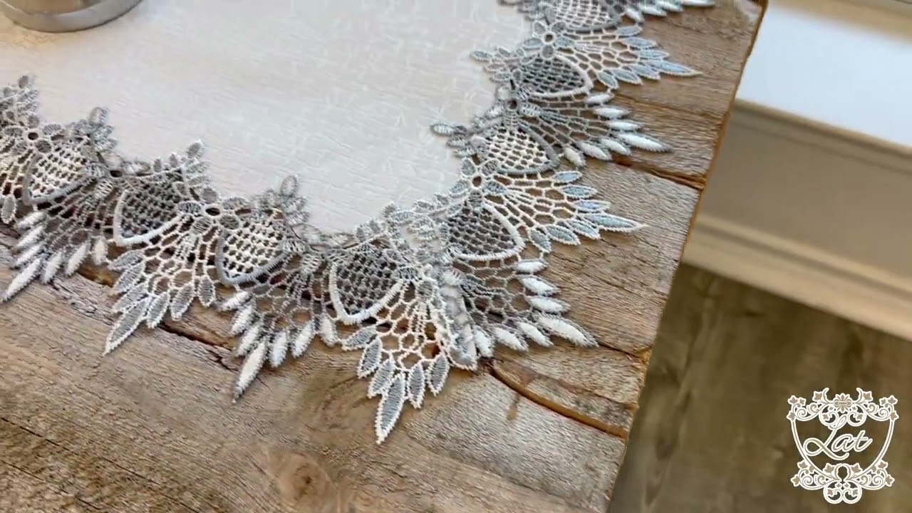 Earth Tone Silver Lace on White Fabric Table Runner 14