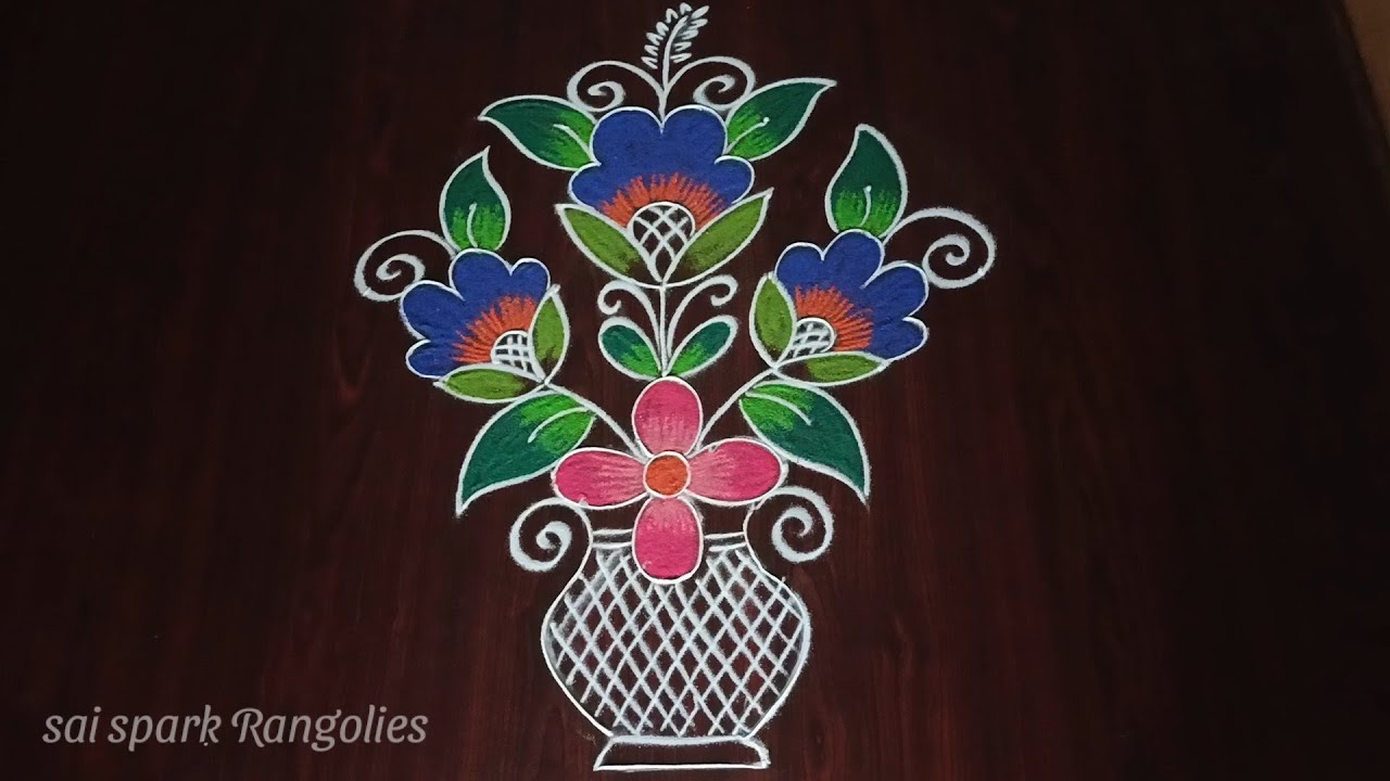 easy flower pot rangoli (7*1) dots | simple flower rangoli |latest design kolam@saisparkrangolies