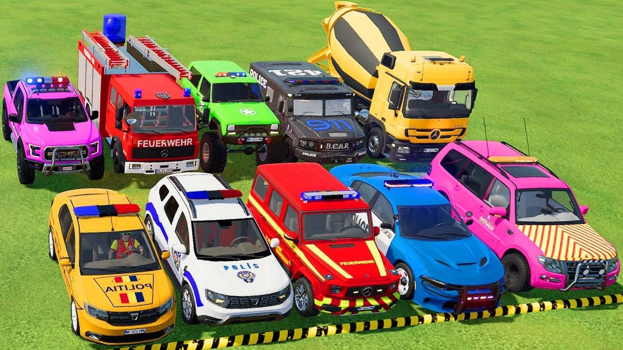 TRANSPORTING POLICE CARS, AMBULANCE, FIRE TRUCK, COLORFUL CARS WITH TRUCK -FARMING SIMULATOR 22!