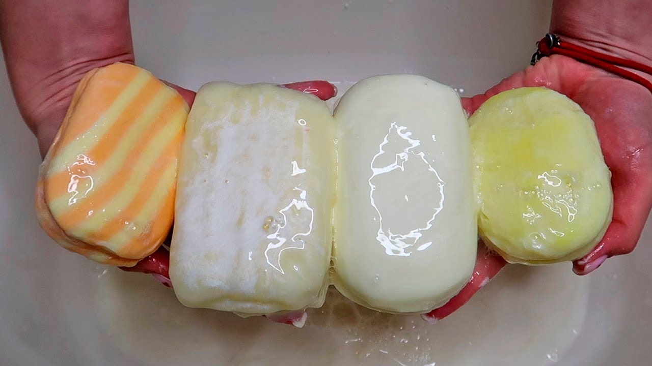 ASMR YELLOW Set of MUSHY SOAP and Sponge 💛 Soaked Soap 🤍 Sponge Squeezing