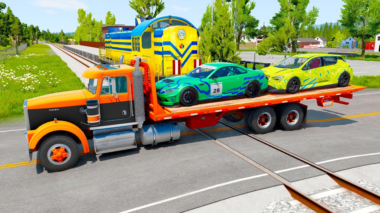 Double Flatbed Trailer Truck vs Speedbumps Train vs Cars | Tractor vs Train Beamng.Drive