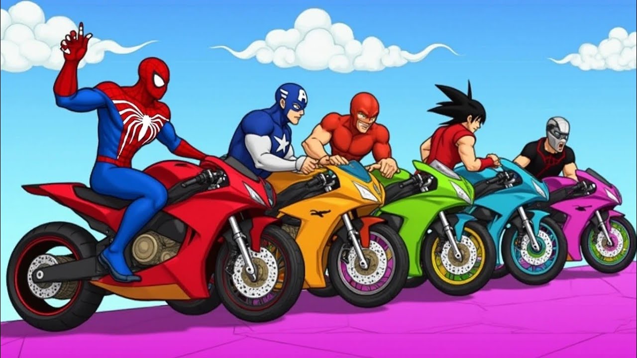 Superheroes on a motorcycle ride over the sea along the Spider-Man Bridge GTA 5
