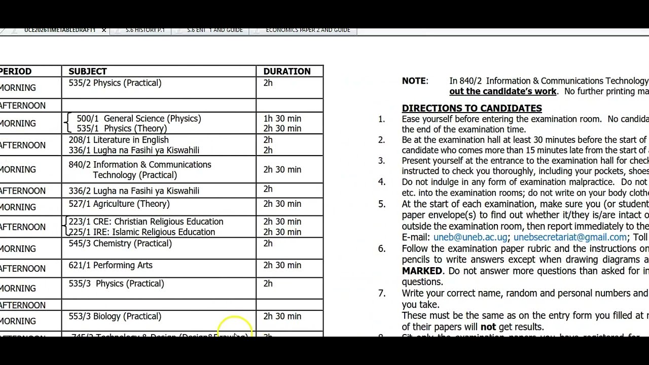 UNEB RELEASES 2026 TIME TABLE FOR S.4 U.C.E (EXAMINATIONS DRAFT.1)