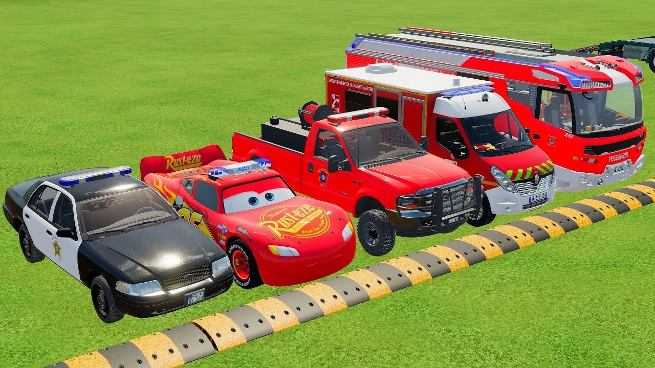 DACIA, MCQUEEN CAR, FORD POLICE CARS, AMBULANCE EMERGENCY TRANSPORTING WITH TRUCKS ! FS22 0202 #11