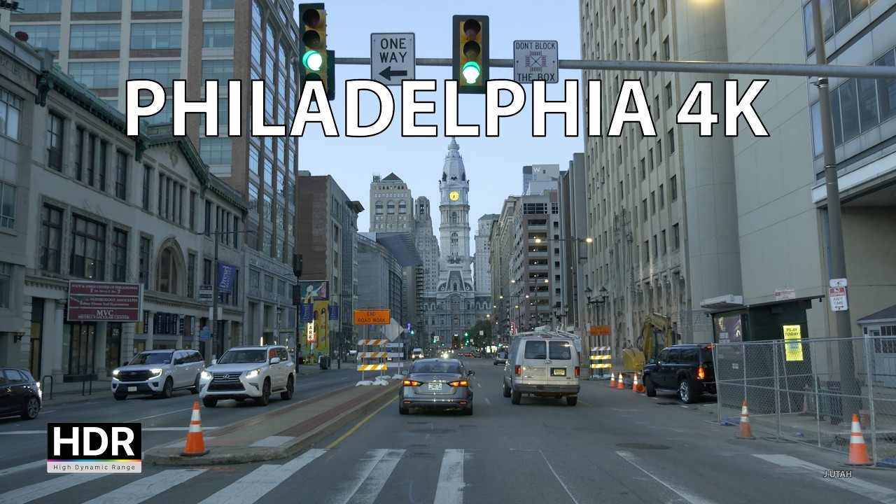 Philly 4K - Blue Sunrise - Driving Downtown - USA