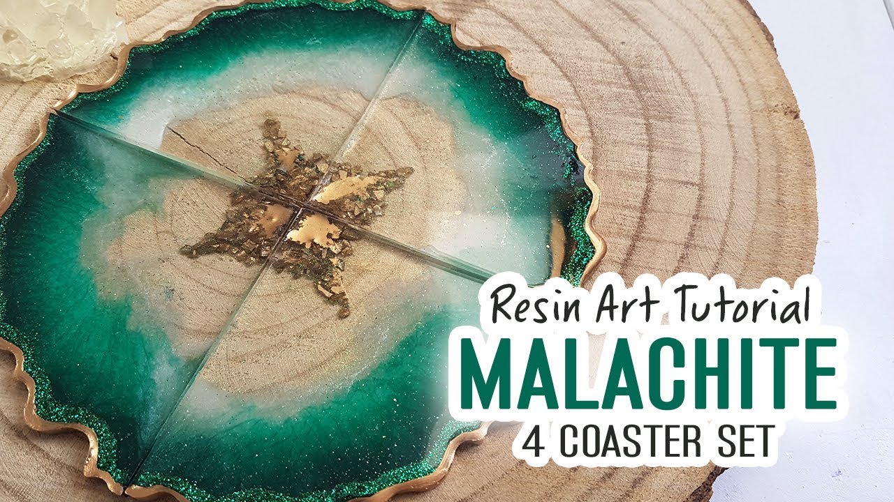 Resin Art Tutorial  - How to make a 4 coaster puzzle set in malachite and gold nuggets