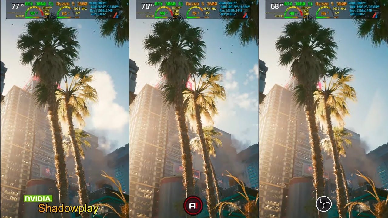 OBS vs Shadowplay vs Mirillis Action - Recording Efficiency test - Cyberpunk 2077, RTX 3060 Ti,1440p
