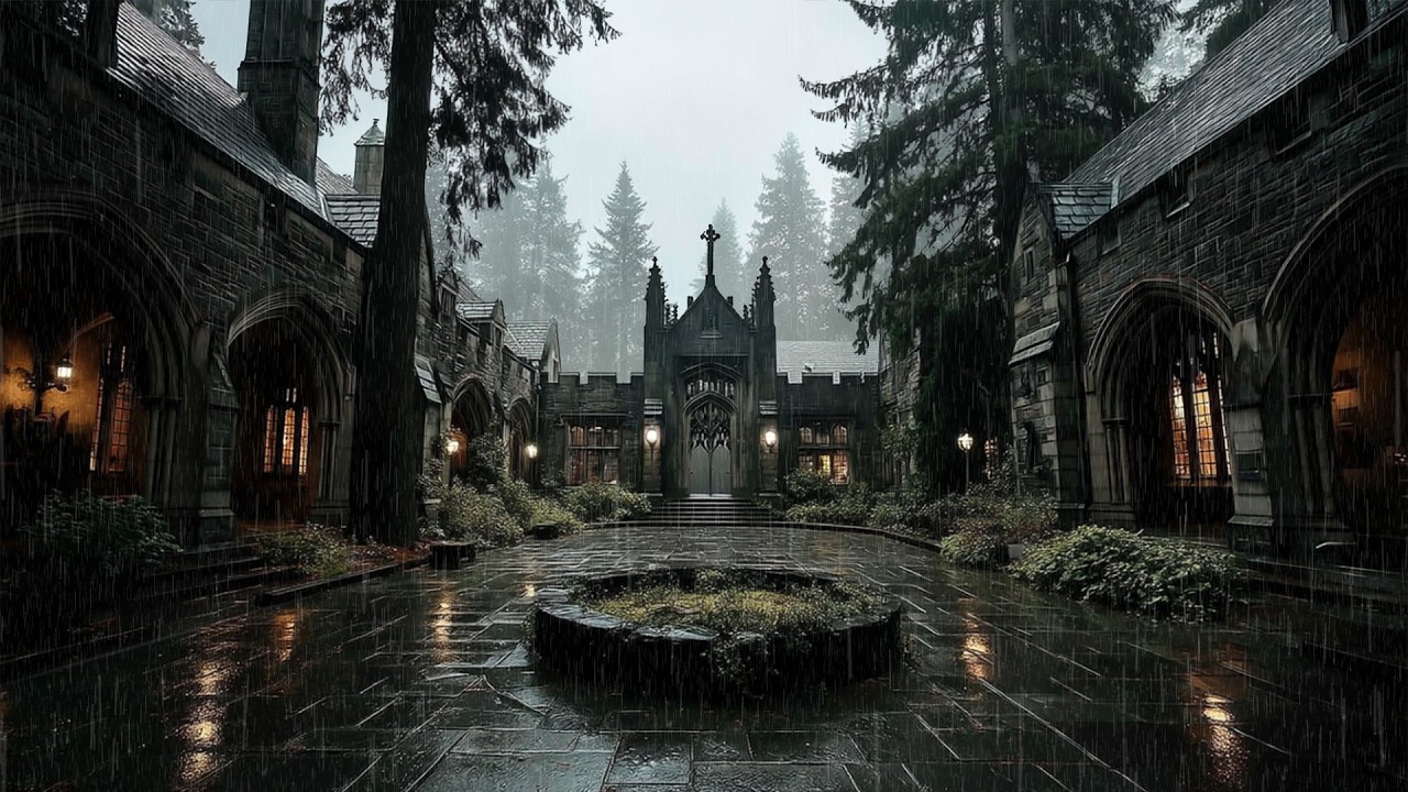 Rainy Gothic University Courtyard | Dark Academia Study Ambience (3 Hours)