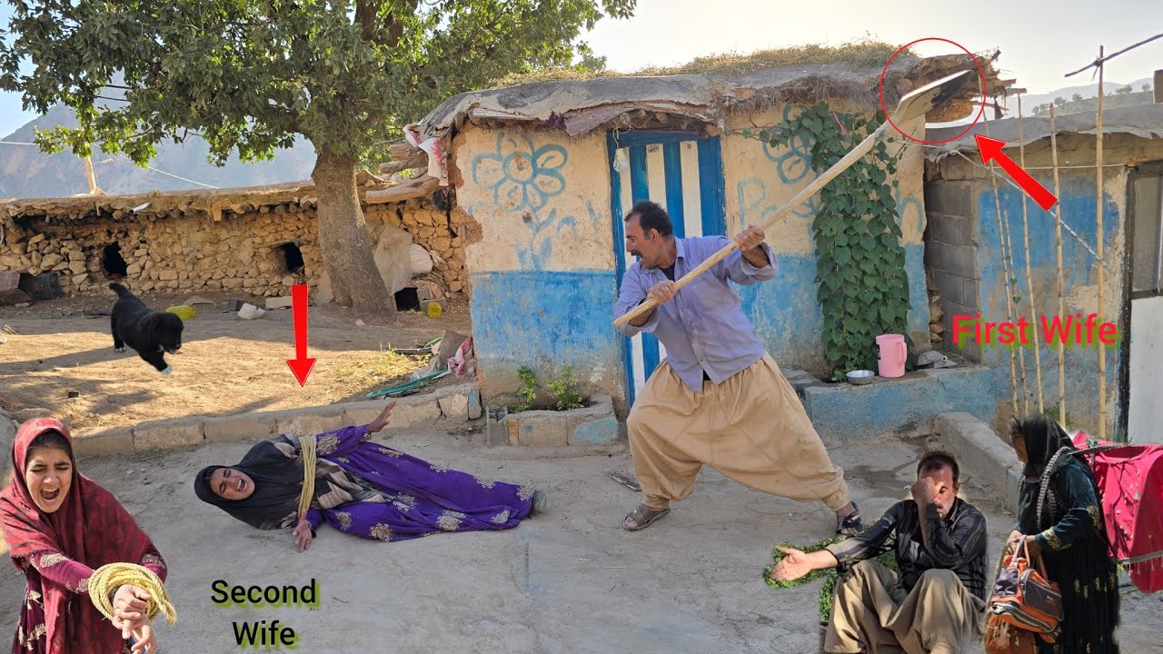 husband's anger at the second wife and tying her up with a rope because first wife did not return.🔥