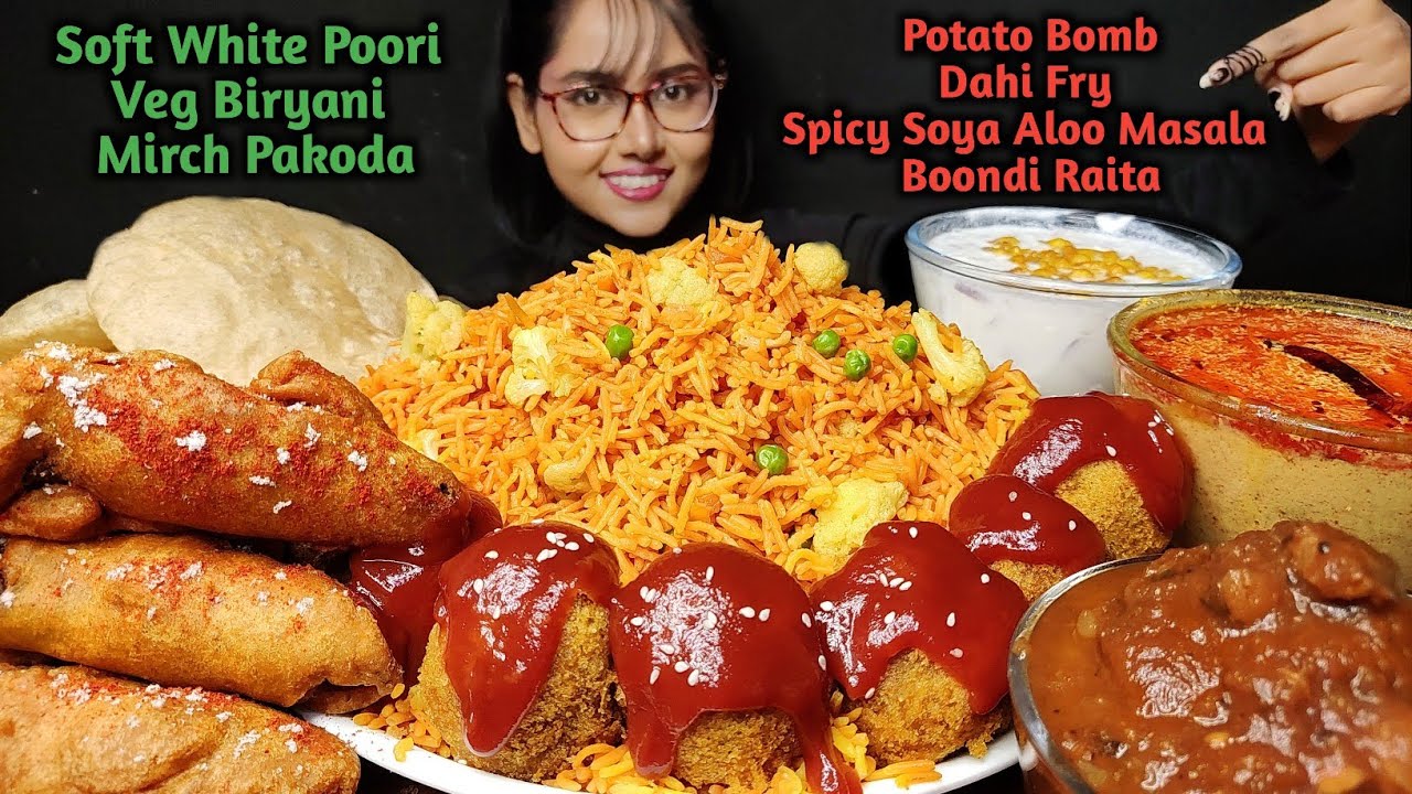 Eating Veg Biryani & Raita, Poori, Potato Bomb, Dahi Fry | Asmr Eating | Mukbang | Big Bites