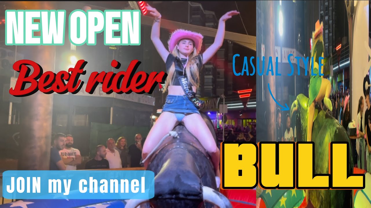 Mechanical bull! Benidorm bull 🐂 riding girl dress up 🆙