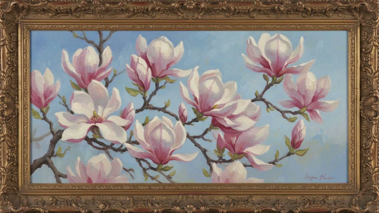 Pink Magnolia, Vintage Impasto Oil Painting | Gold Framed TV Art Screensaver