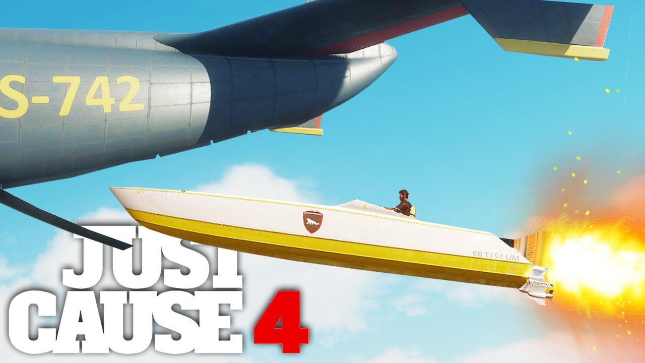 В Just Cause 4 лодка с ракетным двигателем врезается в летящий грузовой самолет.
