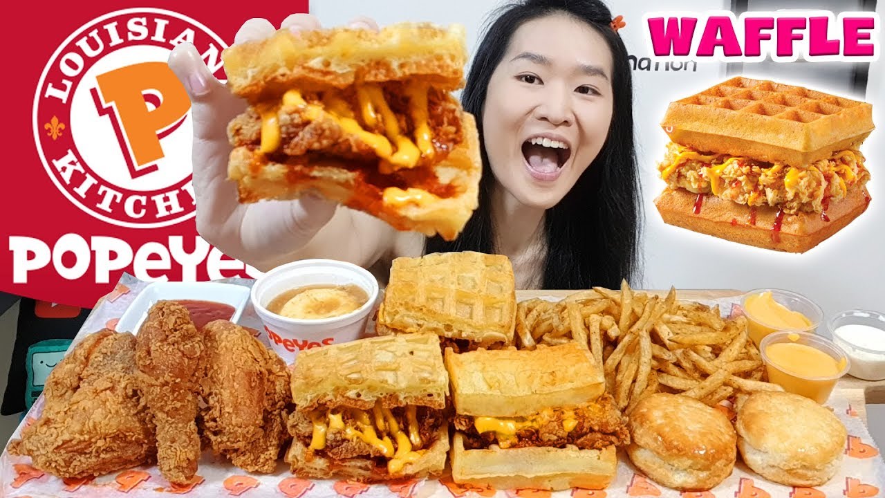 POPEYES WAFFLE & FRIED CHICKEN SANDWICHES!! Cheese Cajun Fries, Crispy Chicken | Eating Show Mukbang