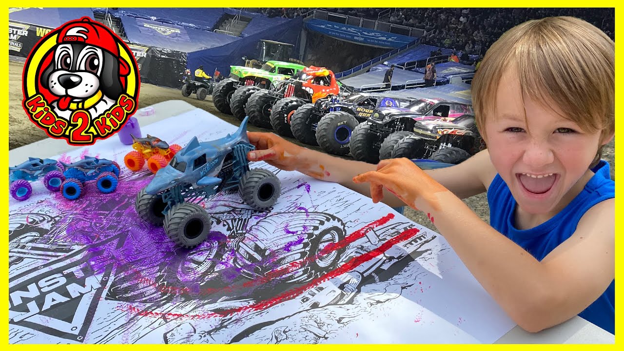 Painting with Monster Jam Toy Trucks - At Home Coloring Activity (Fire & Ice Megalodon & Dalmatian)