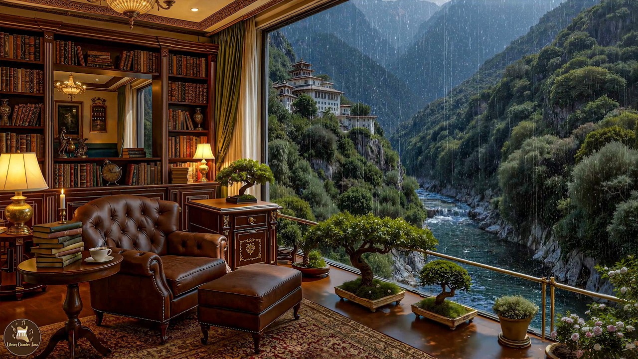 Cozy Jazz in a Classic Mountain Library – Smooth Jazz with Rain Sounds & River View for Deep Calm