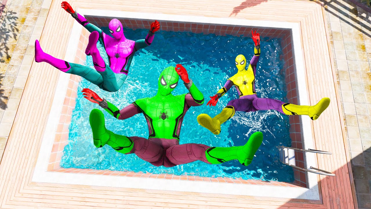 GTA 5 Rainbow Pink Vs Yellow & Orange  Spiderman Jumping Into Pool (Euphoria Physics/Ragdolls) #1