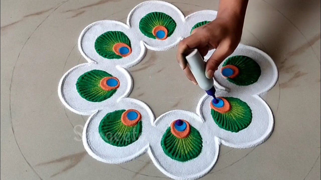 Easy Peacock Feathered Multi-Coloured Rangolis|| Dhanteras rangoli, Deepavali Rangoli by Sangeeta