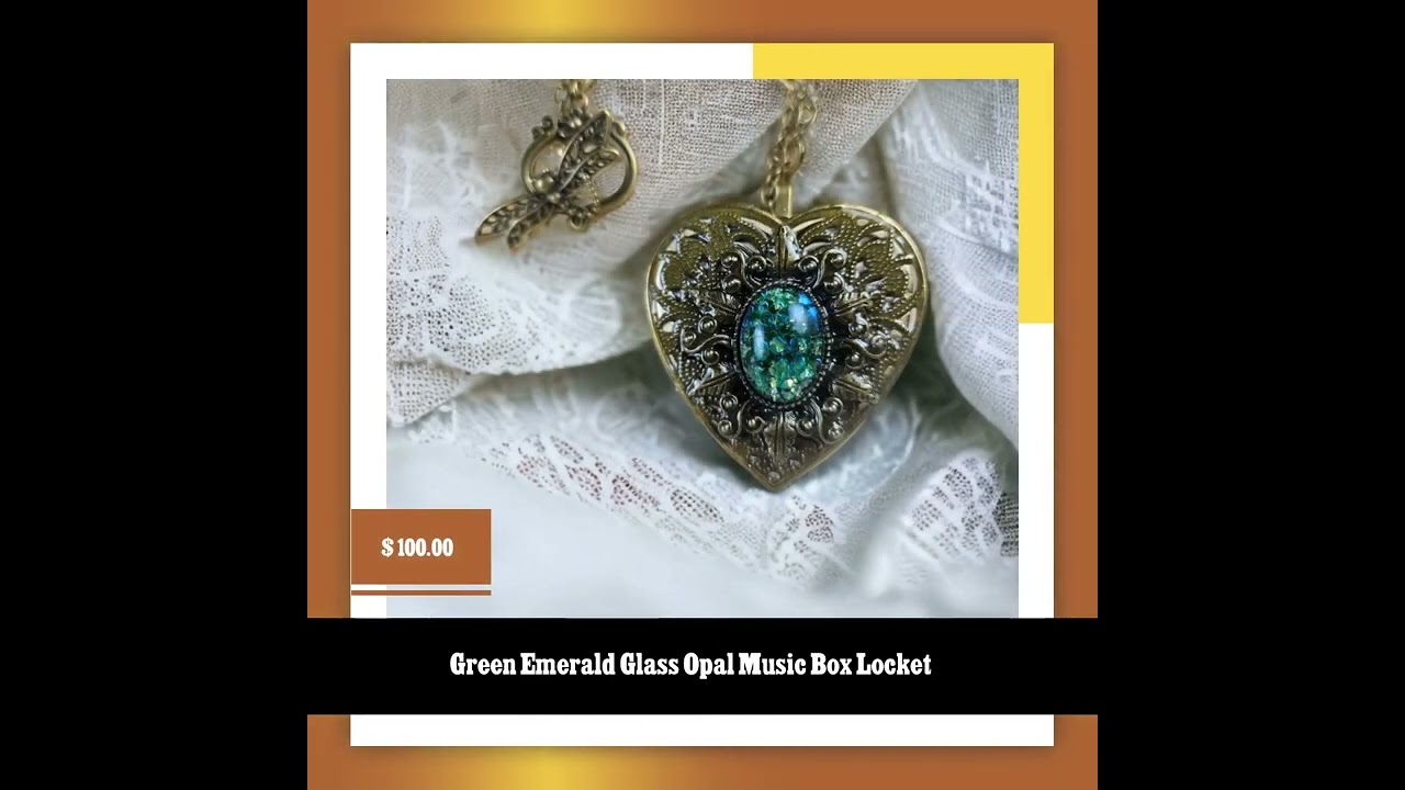 Green Emerald Glass Opal Music Box Locket