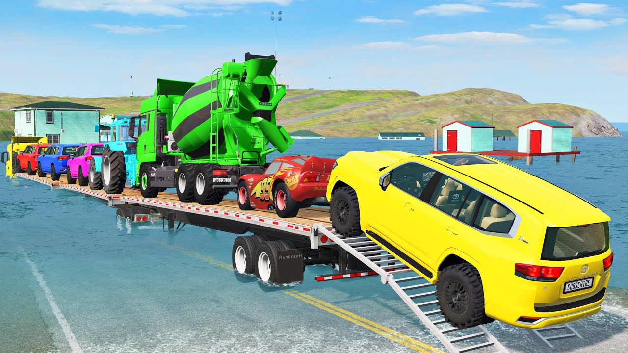 Triple Flatbed Trailer McQueen Transportation with Truck - Speedbumps vs Cars vs Train - BeamNG #