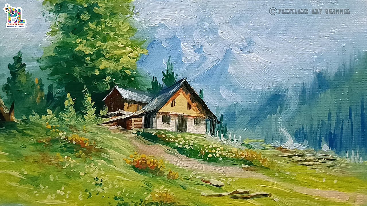How to paint wooden houses in Mountain place || Easy and Simple Painting