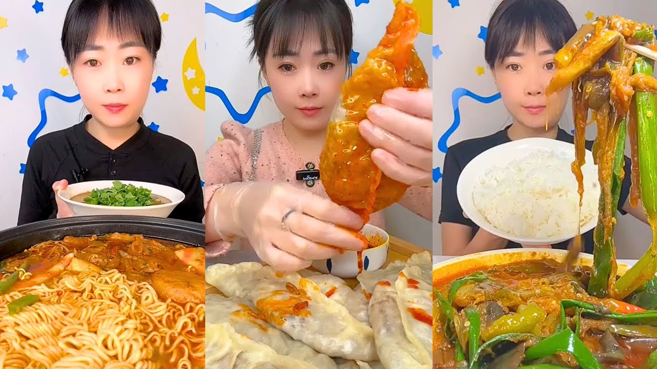 Spicy Ramen, Dumplings with Chili Oil, Rice, and Eggplant Mukbang