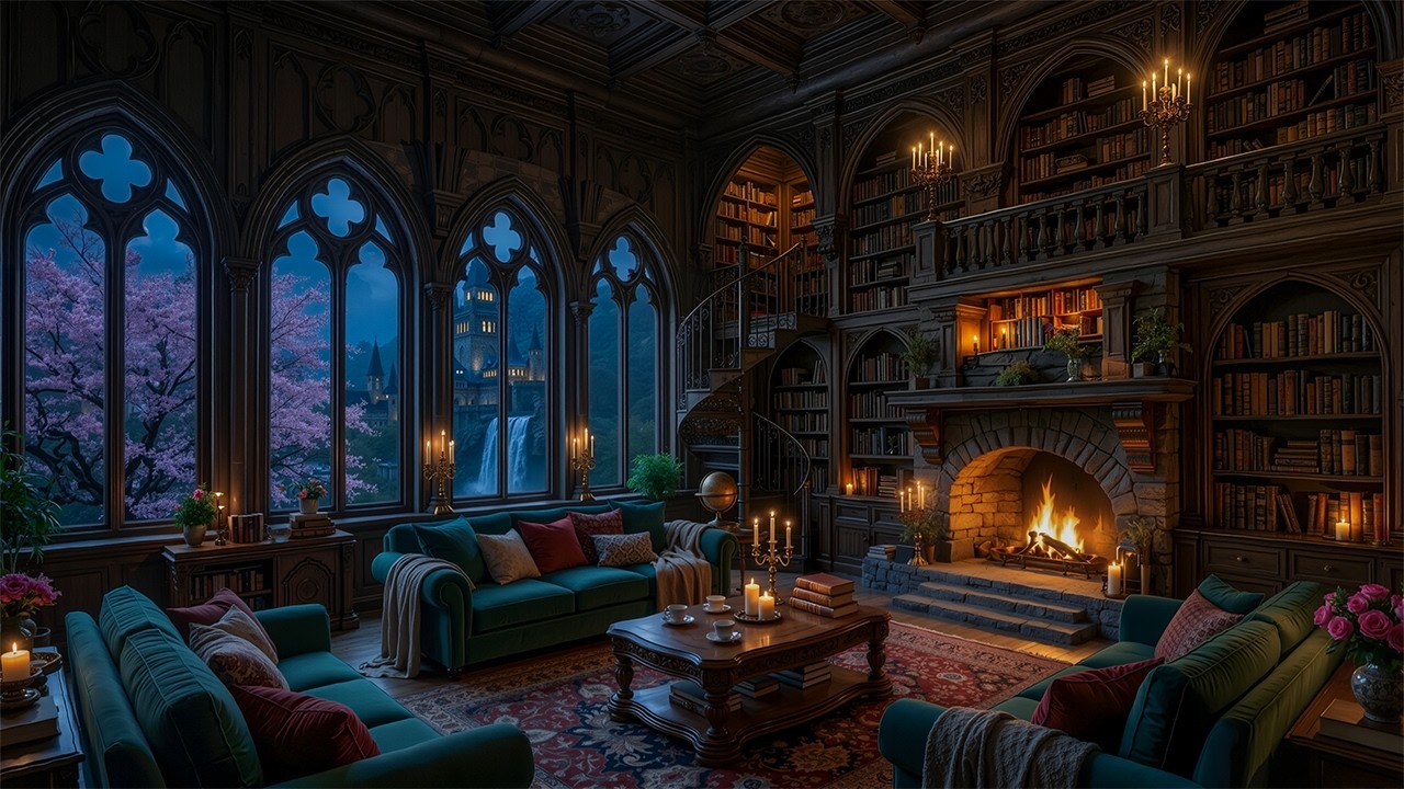 Cozy Spring Library with Fireplace Ambience🔥Gentle Piano & Violin Melodies | Dark Academia with Rain