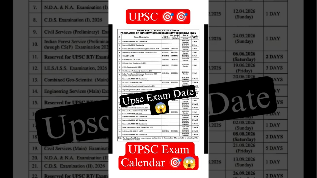 UPSC Exam Calendar 2026 📅 : UPSC Exam Date 😱 | #upsc #ias #ips #latestnews #upscmotivation #upscexam