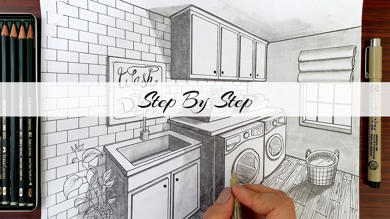 How to Draw A Laundry Room in Two Point Perspective | Step By Step