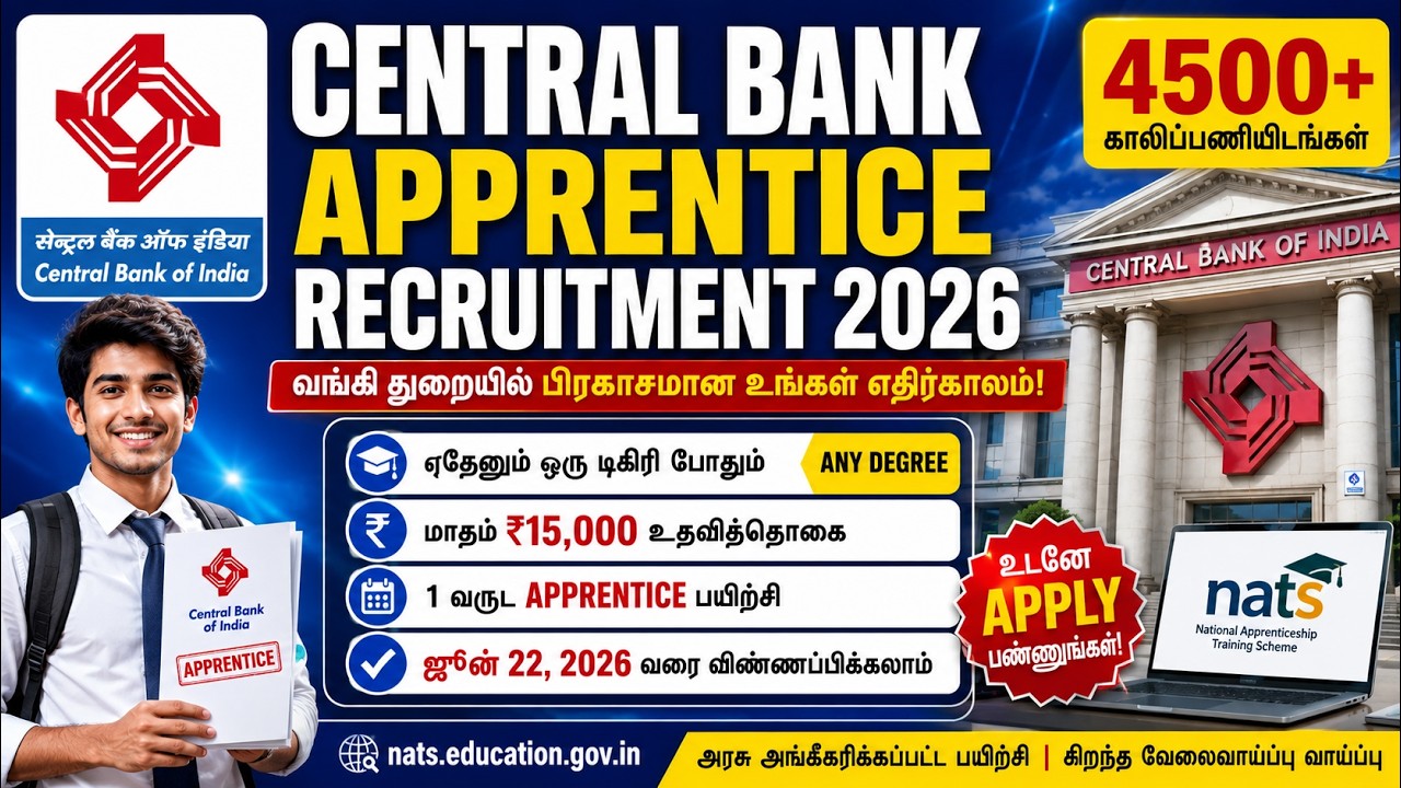 🔥 Central Bank of India 4500 Apprentice Jobs 2026  Any Degree  ₹15,000 Stipend  Apply Now