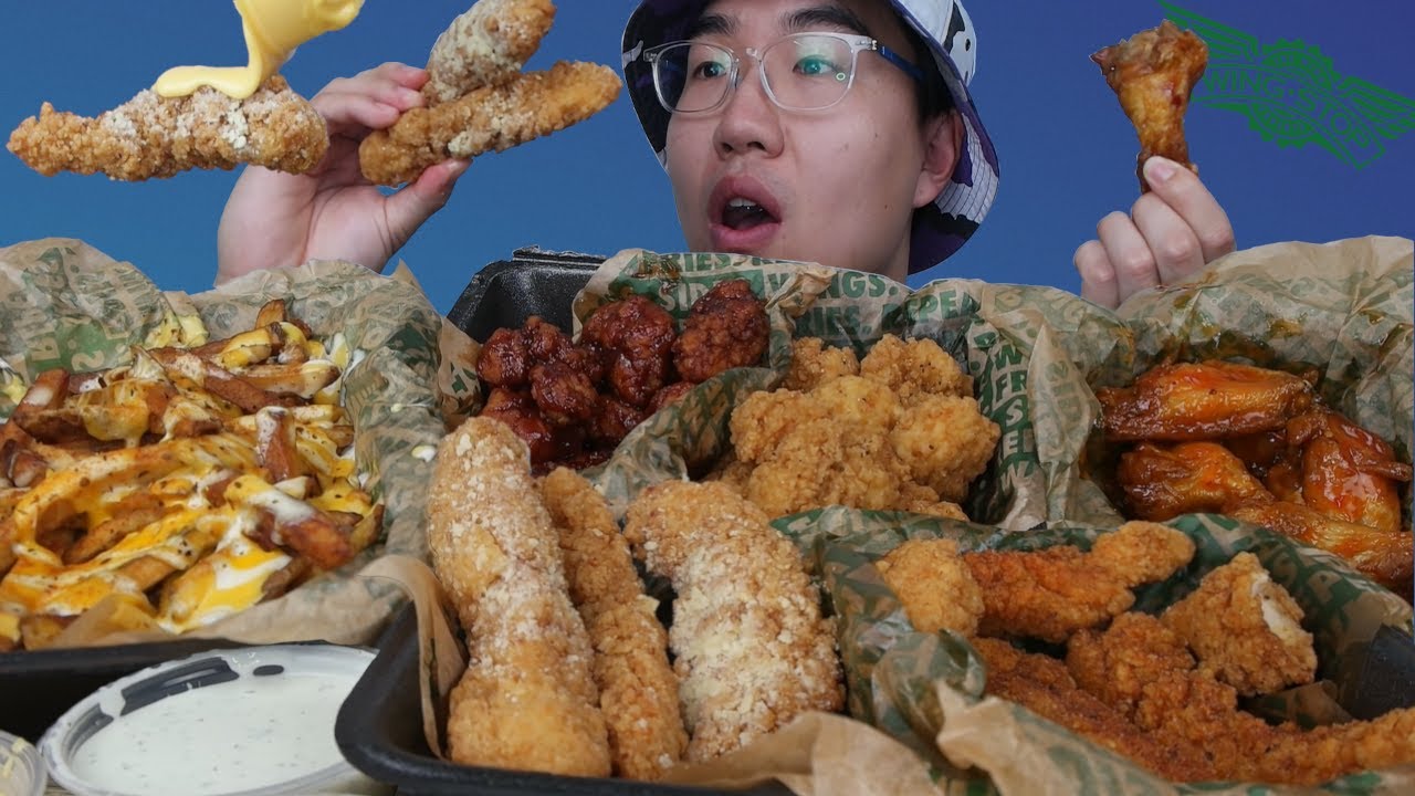 WINGSTOP Crispy Chicken Tenders, Boneless, and Wings w/ Large Voodoo Fries Mukbang Eating Show ASMR