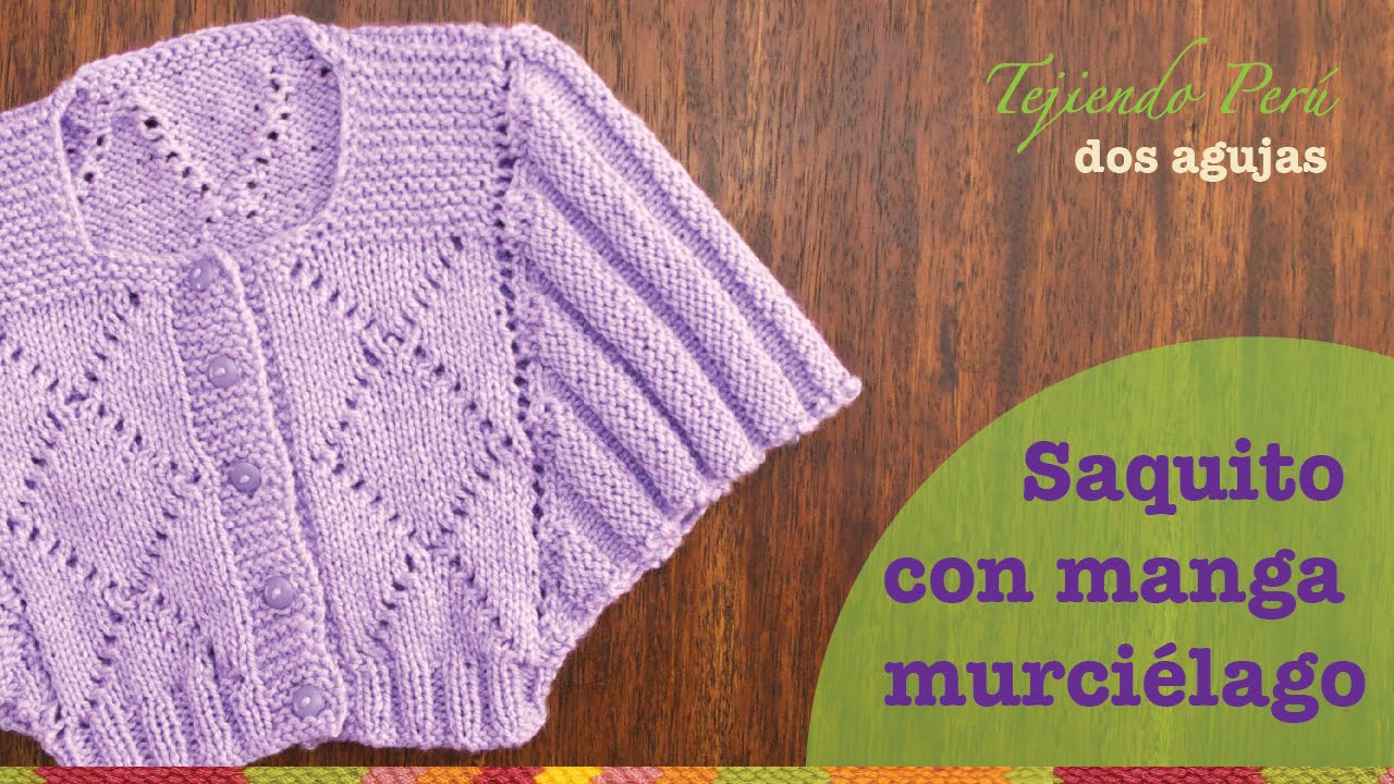 Saco con manga murciélago tejido en dos agujas o palitos para niñas
