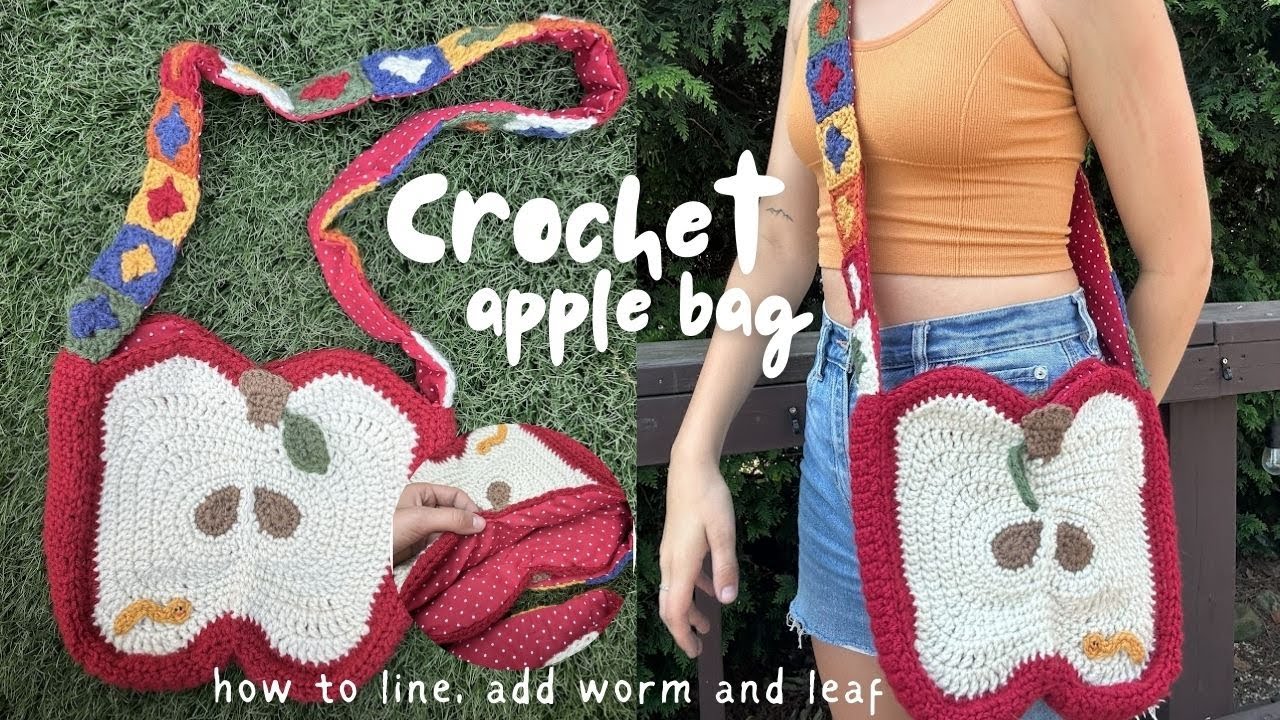 crochet apple bag crochet tutorial | PART 3 | how to add a worm, leaf, and lining