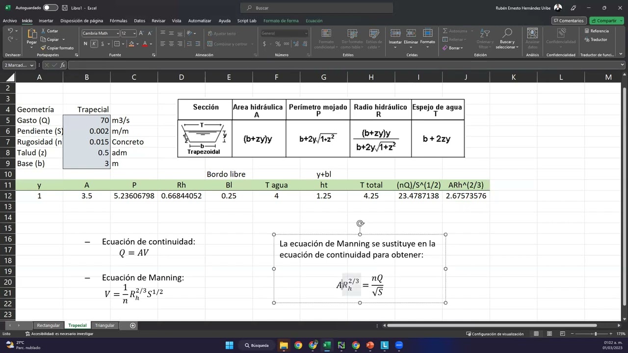 Canal trapecial en Excel