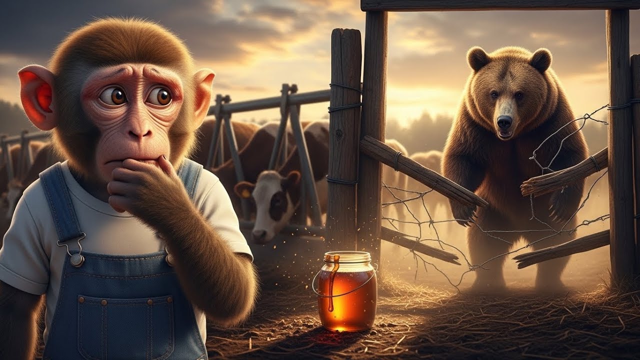 A Wild Bear Attacks the Farm… But Baby Monkey Discovers the Truth (It Was Just Hungry) 🐻🍯🍎
