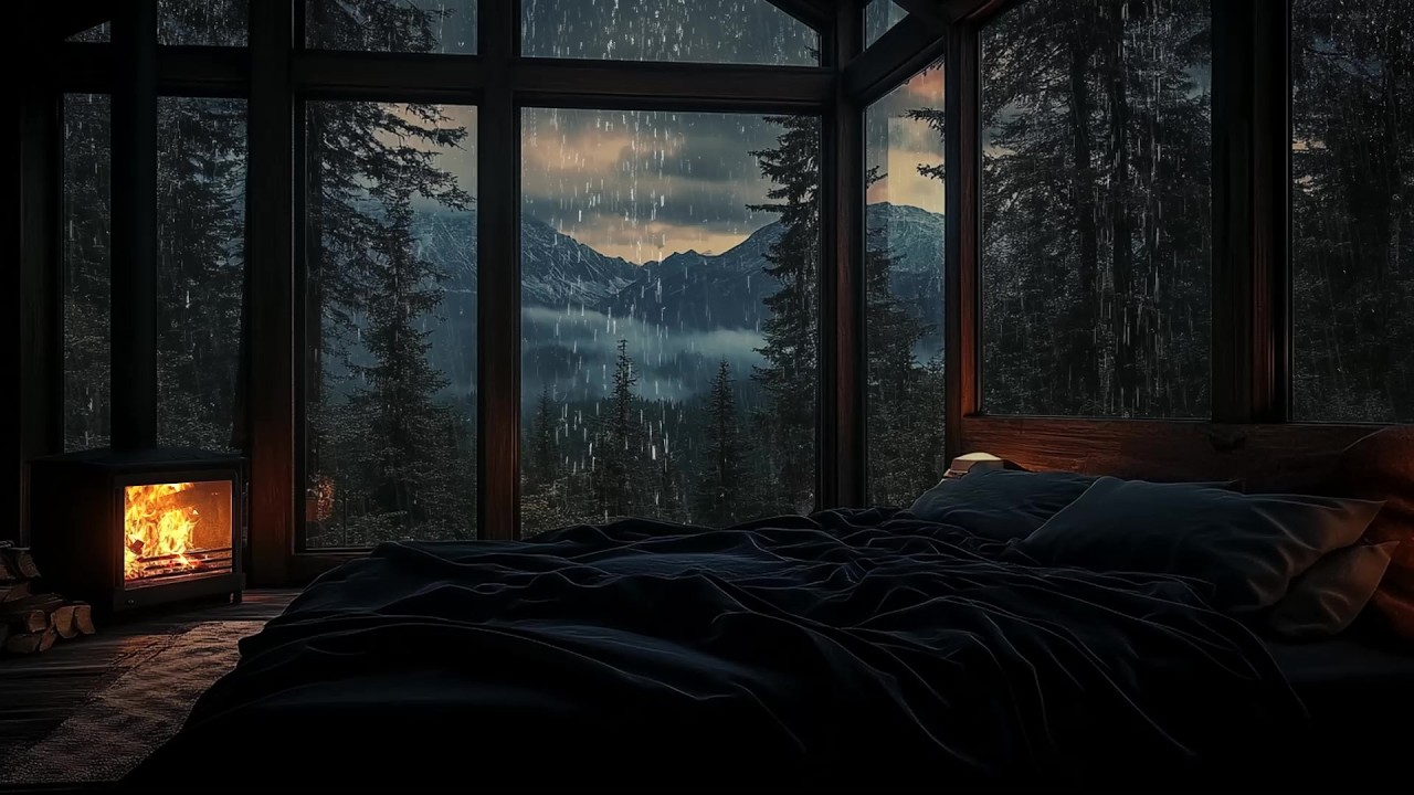 Deep Sleep Rain Piano in a Cozy Mountain Cabin 🌧️ | Fireplace Warmth & Rainy Forest Window