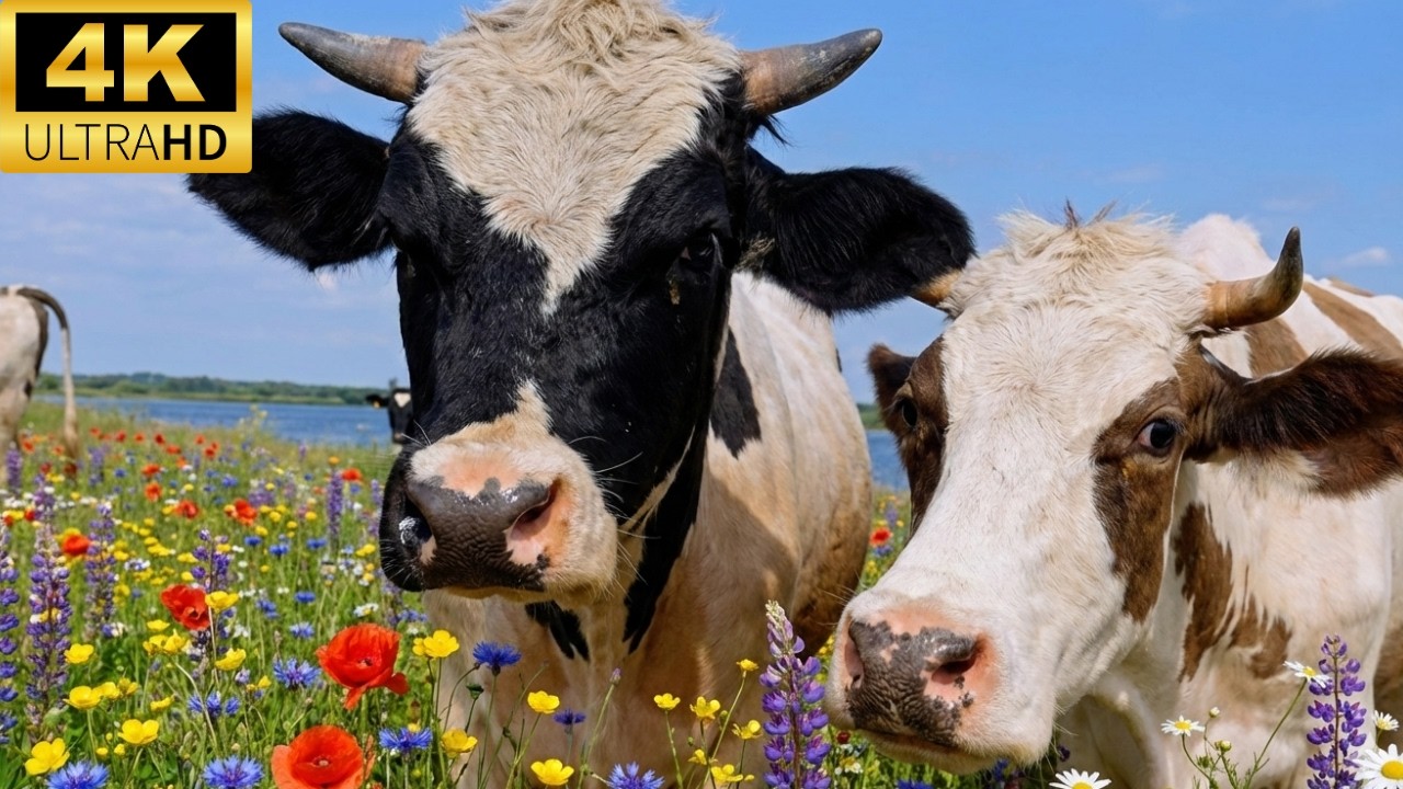 Cow Farm with Grazing Cows | Cow Eating Grass 4K Cow Video