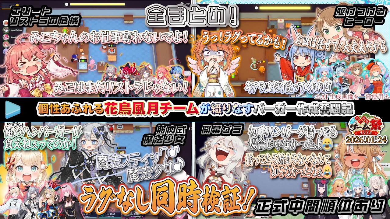 【#ホロ新春ゲーム祭2026切り抜き】【ラグなし同時検証】個性あふれる花鳥風月チームが織りなすバーガー作成奮闘記全まとめ！【2026.01.24/PlateUp!/ホロライブ切り抜き】