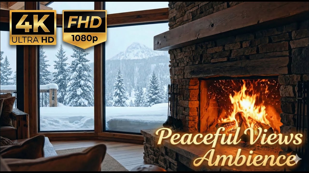 Cozy Mountain Cabin Ambience with Crackling Fireplace & Heavy Snowstorm Sounds (4K)