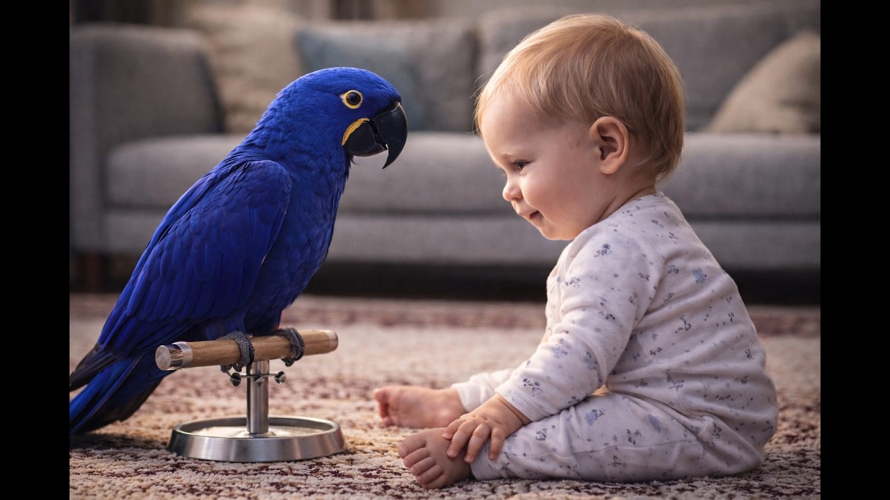💙🦜 Adorable Baby Meets Beautiful Blue Parrot Indoors | Sweet Friendship