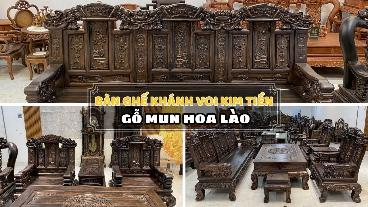 Bàn Ghế Khánh Voi Kim Tiền Chân 14 Gỗ Mun Hoa Chọn Vân Cực VIP - ĐỒ GỖ QUÂN NGA