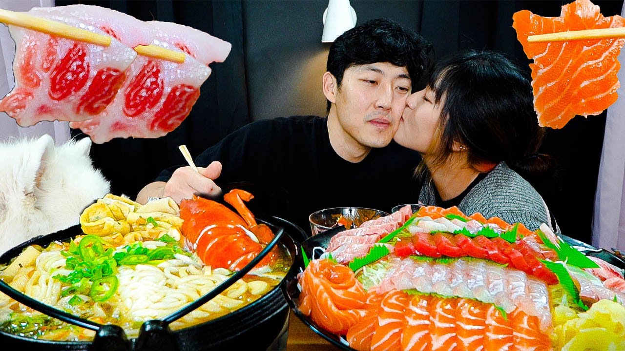 Fatty Tuna Sashimi & Lobster Udon Mukbang ft.SOJU