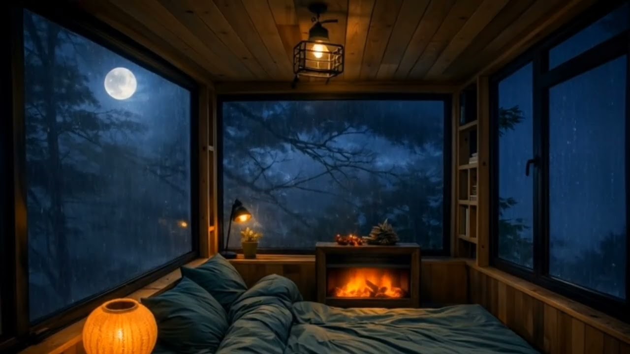 1 Hour Cozy Rain Night in Bed 🌙 Fireplace & Moonlight Window Ambience for Sleep