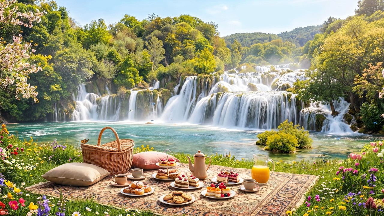 Peaceful Spring Waterfall Picnic Ambience 🌸 Relaxing Nature Sounds by a Beautiful Forest Waterfall