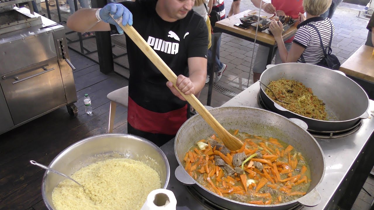 Kiev Street Food. Preparing Pilaf - Plov step by step