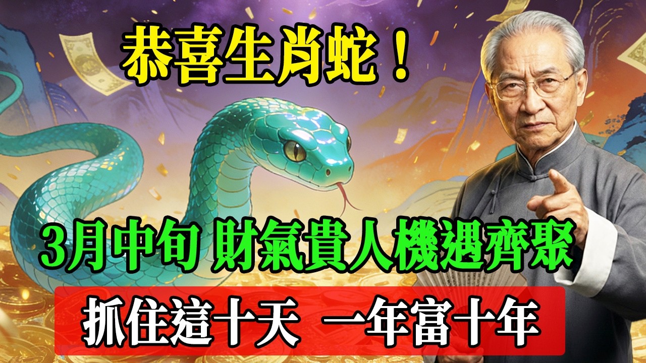 恭喜生肖蛇！3月中旬財氣貴人機遇齊聚，抓住這十天，一年富十年！#南懷瑾  #國學 #易經 #開運 #招財#風水 #2026運勢#屬相#生肖運勢#生肖命理