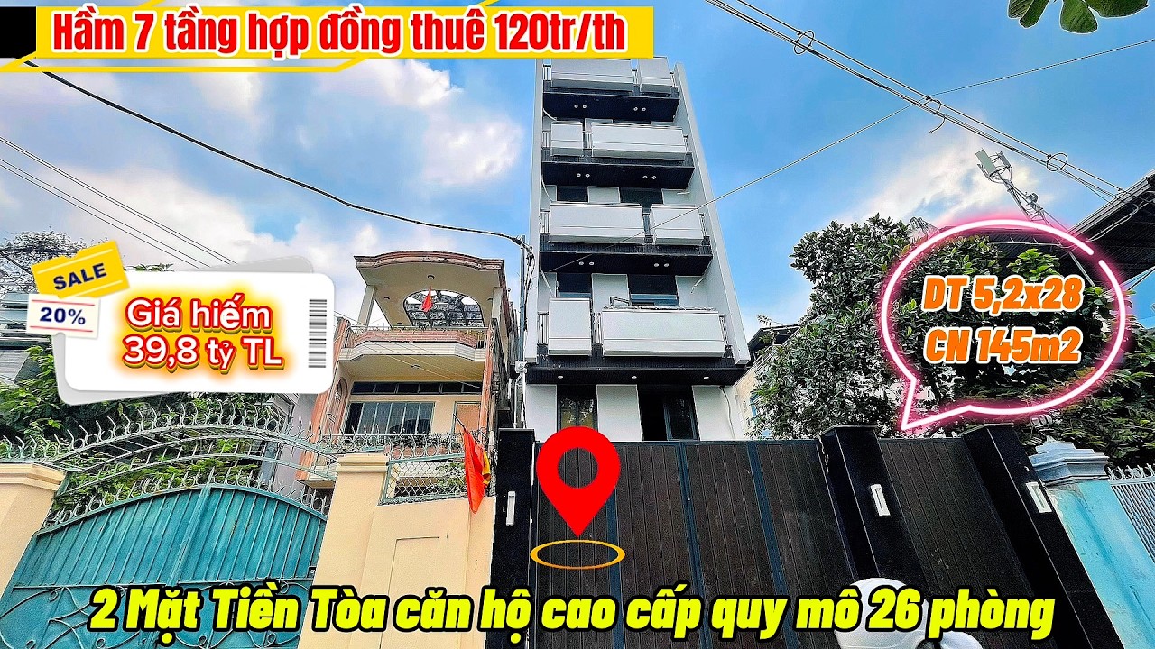 Hiếm 2 Mặt Tiền Tòa CHDV 26 Phòng – Hầm 7 Tầng – Thuê Khoán 120tr - 650m² Sàn – 39,8 Tỷ Thương Lượng