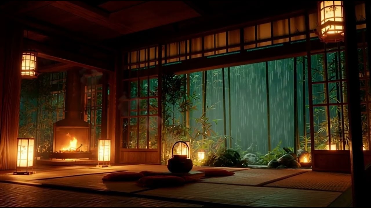Relaxing Rain in a Traditional Japanese Room | Fireplace Ambience | 3 Hours
