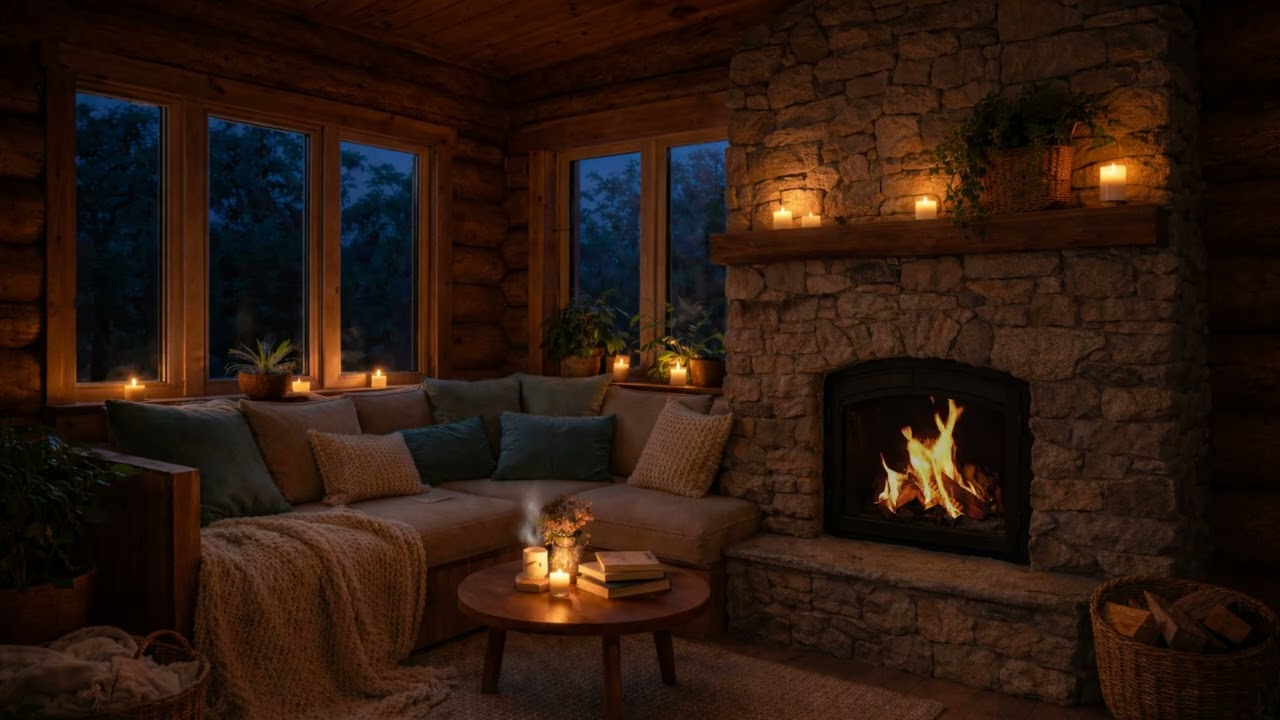 Warm Cabin Evening 🕯️ Fireplace Ambience for Study & Relaxation